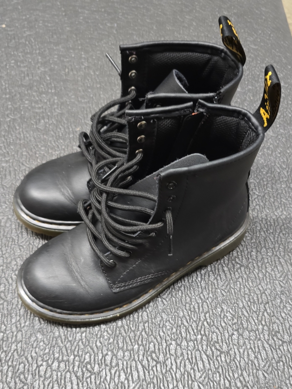 Dr. Martens Black Kids Lace-Up Ankle Boots with Yellow Heel Loop